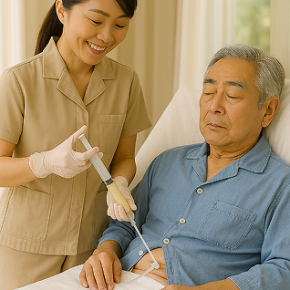 介護スタッフが胃ろうの処置を行っている様子